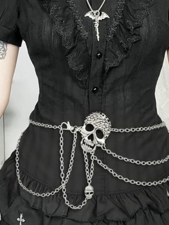 Silver Skull Chain Waist Belt - Black